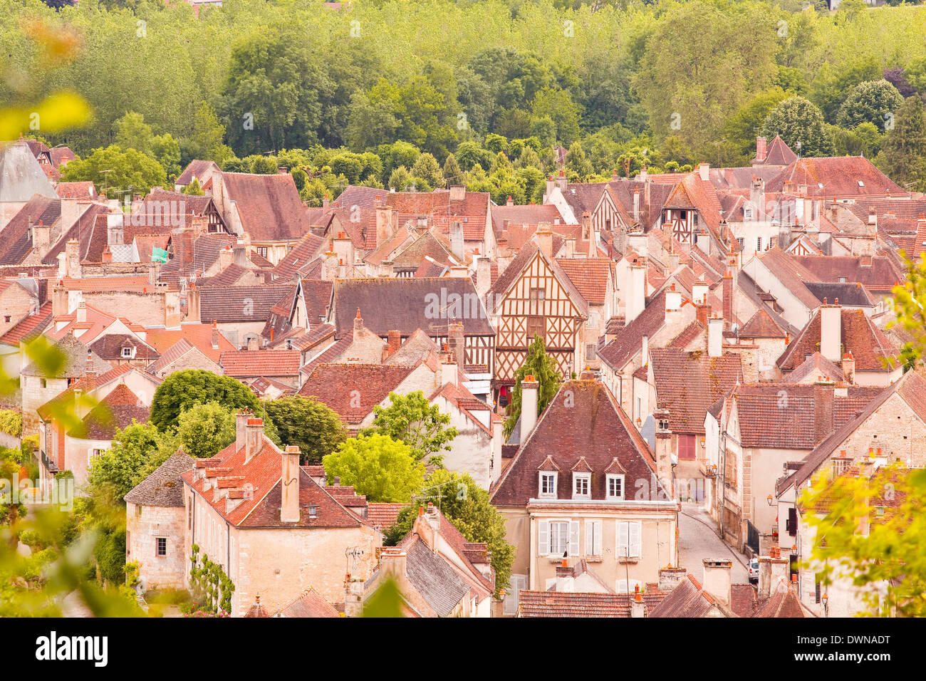 Guardando verso il basso sui tetti di Noyers sur Serein dal vecchio castello sopra il villaggio, Yonne, Borgogna, in Francia, in Europa Foto Stock