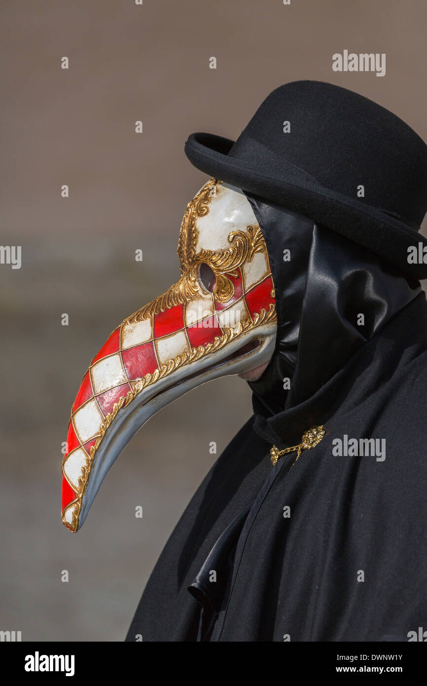 Persona con uccello veneziana maschera indossando un cappello bowler, Venezia, Italia Foto Stock