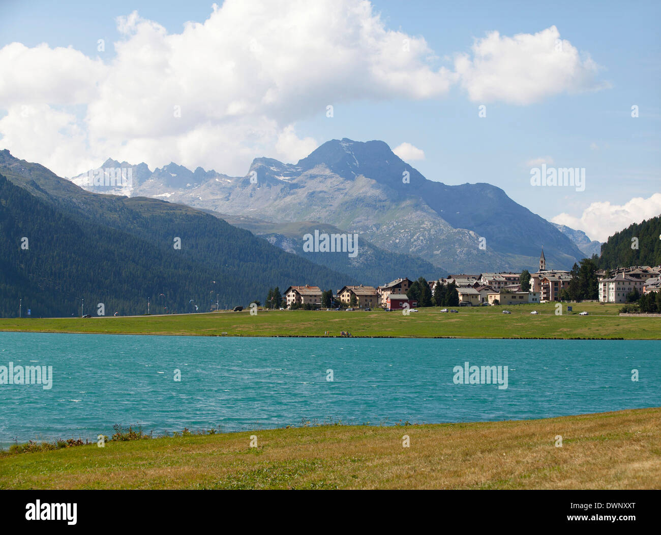 Lago di Silvaplana in Engadina, laghi, il Piz de la Margna, Silvaplana, alta Engadina, nel Canton Grigioni, Svizzera Foto Stock