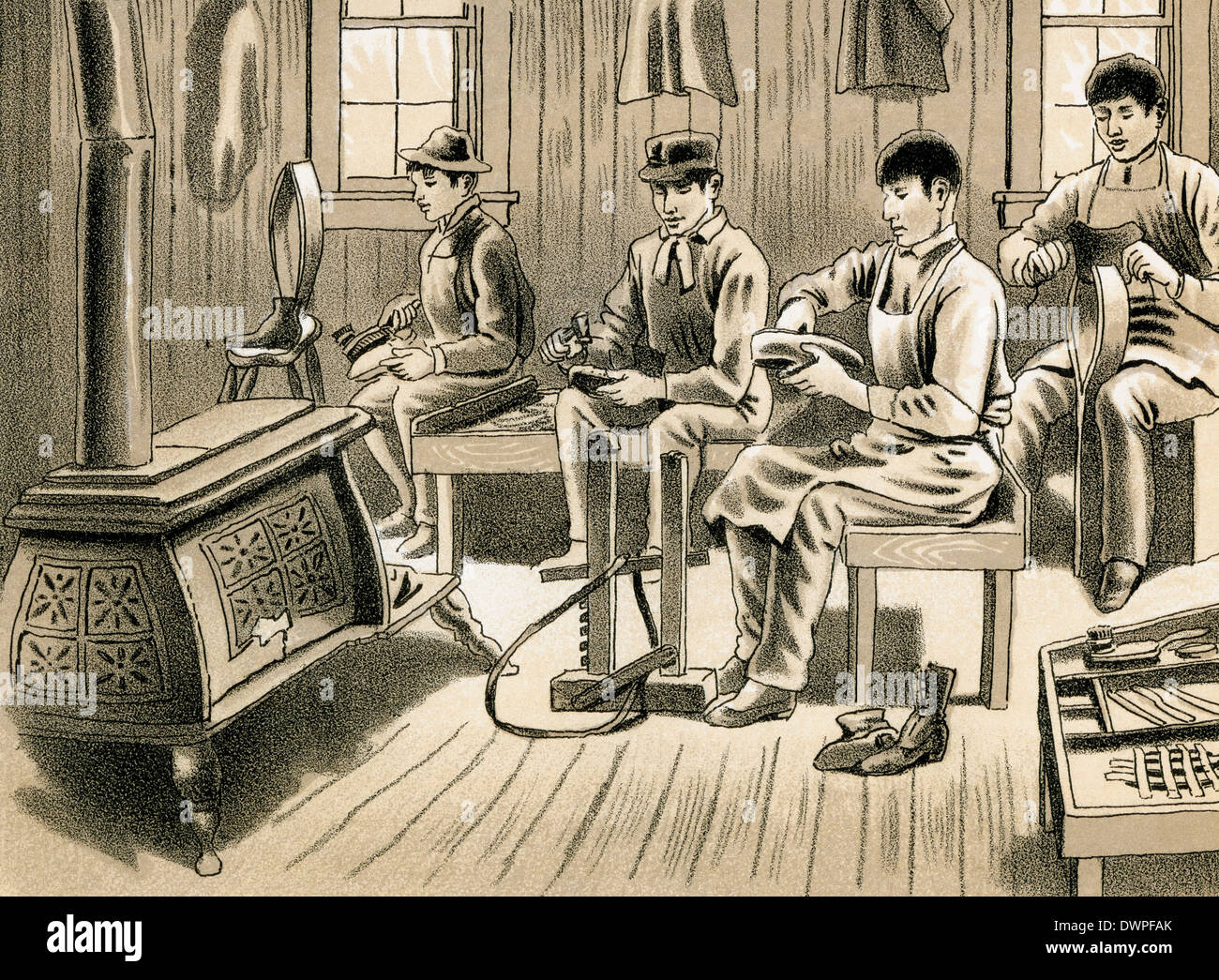Classe calzaturiero, Chemawa Indian School a Salem, Oregon, 1880. Incisione Foto Stock