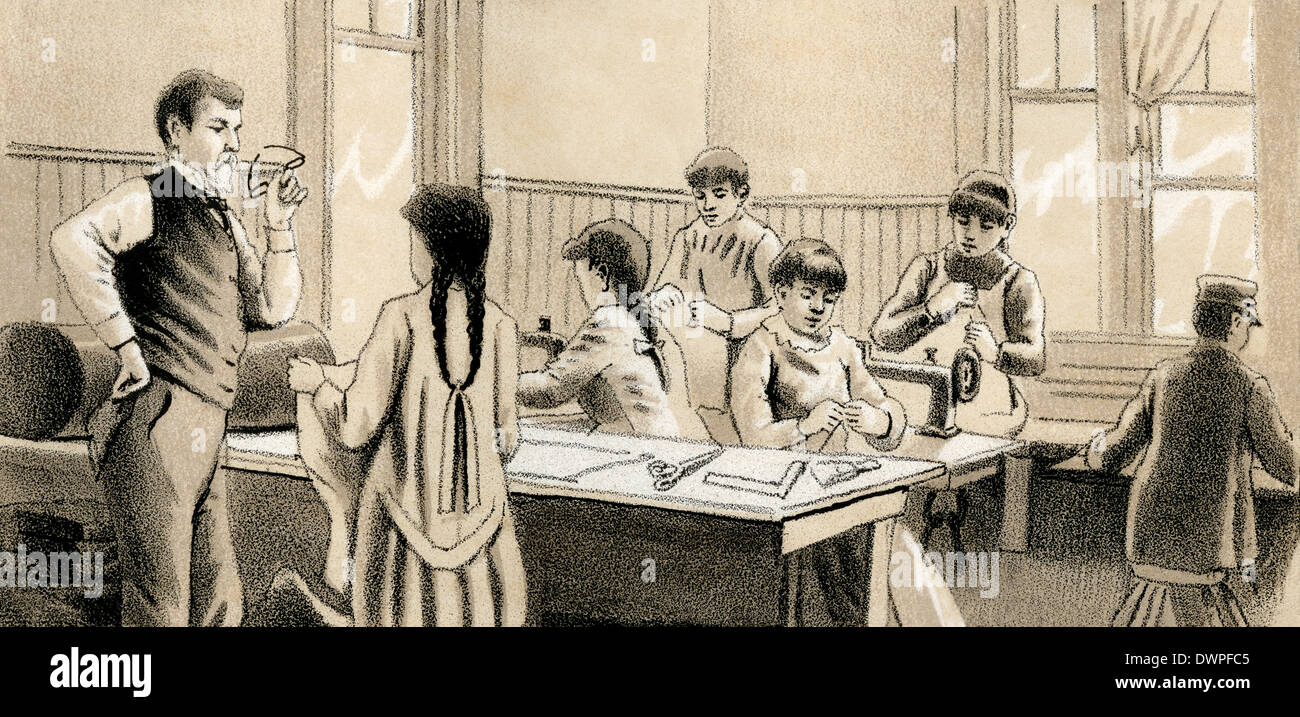 Classe di sartoria a Chemawa Indian School a Salem, Oregon, 1880. Incisione Foto Stock