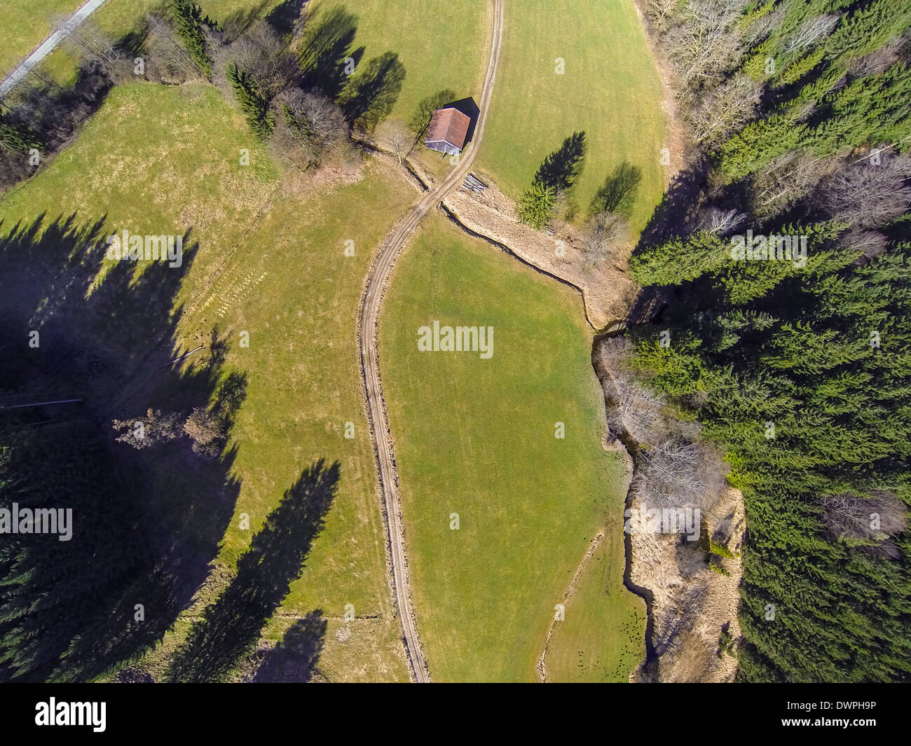 Paesaggio in primavera dalla prospettiva di un uccello, Baviera, Germania Foto Stock