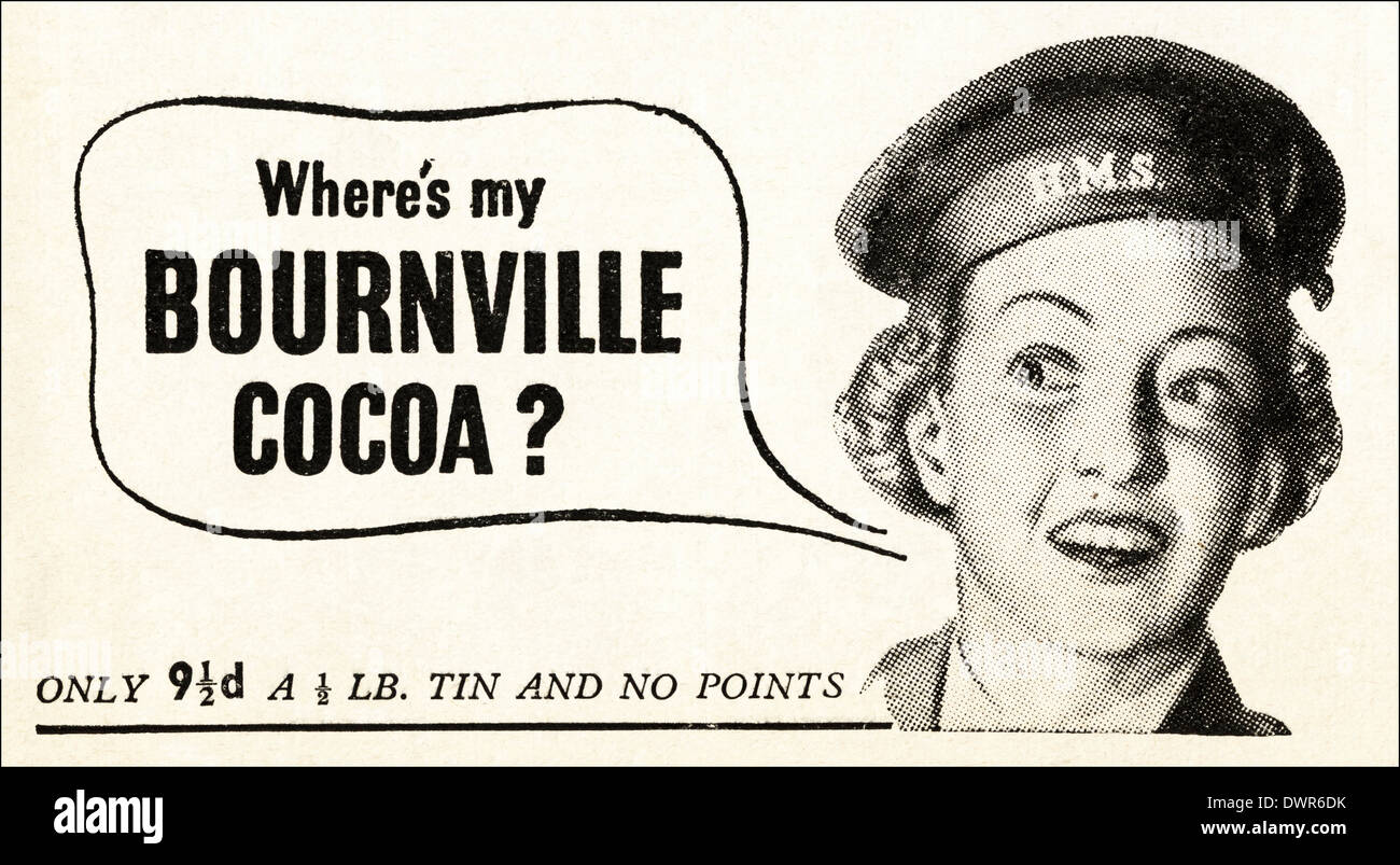 1940s tempo di guerra annuncio nella rivista per le giovani donne circa 1944 pubblicità BOURNVILLE COCOA Foto Stock