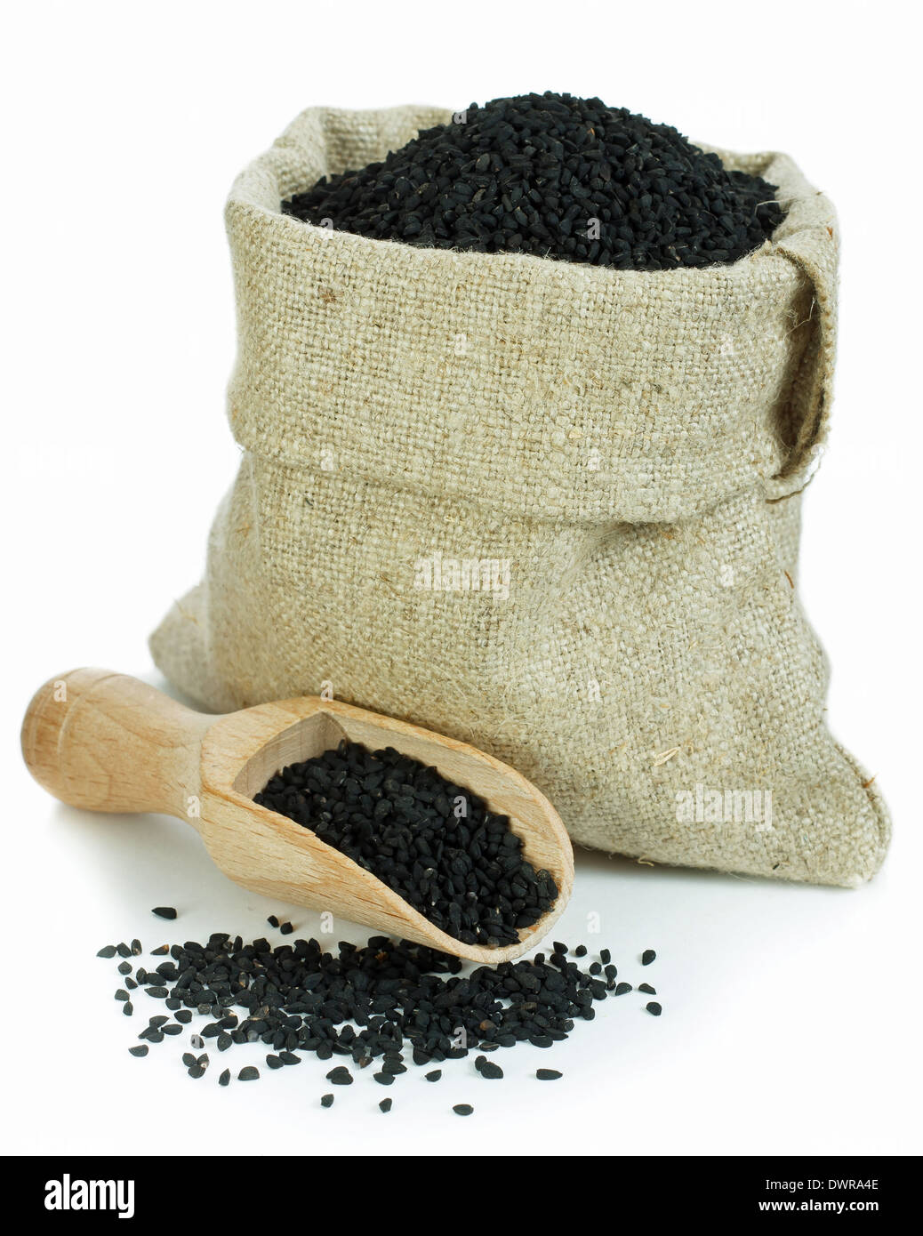 Nigella sativa (cumino nero) nel sacco di piccole dimensioni Foto Stock