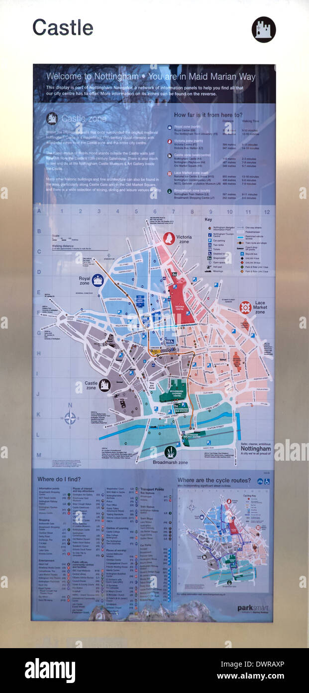 Città Mappa Turistica Nottingham England Regno Unito Foto Stock