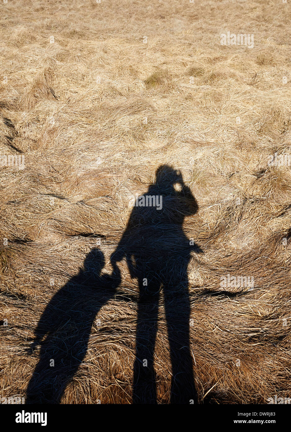 Ombra Selfie ritratto di fotografo - Padre con sua figlia sopra la molla vecchia erba prato Foto Stock