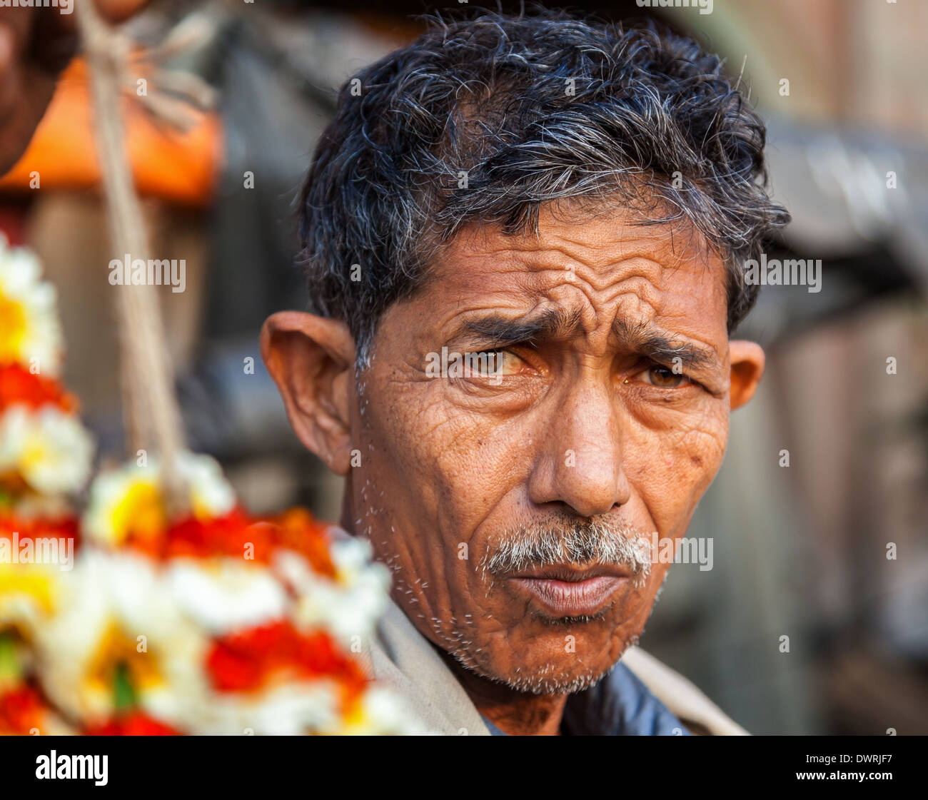 Ritratto di venditore di fiori dal Mercato dei Fiori in Kolkata, India Foto Stock