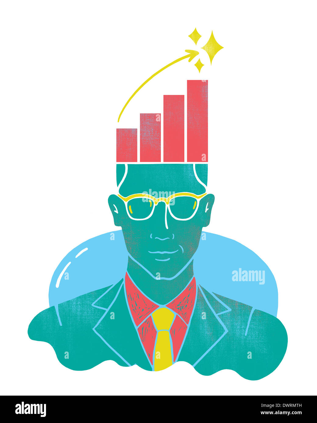 Immagine illustrativa di imprenditore con grafico sulla testa rappresenta la crescita Foto Stock