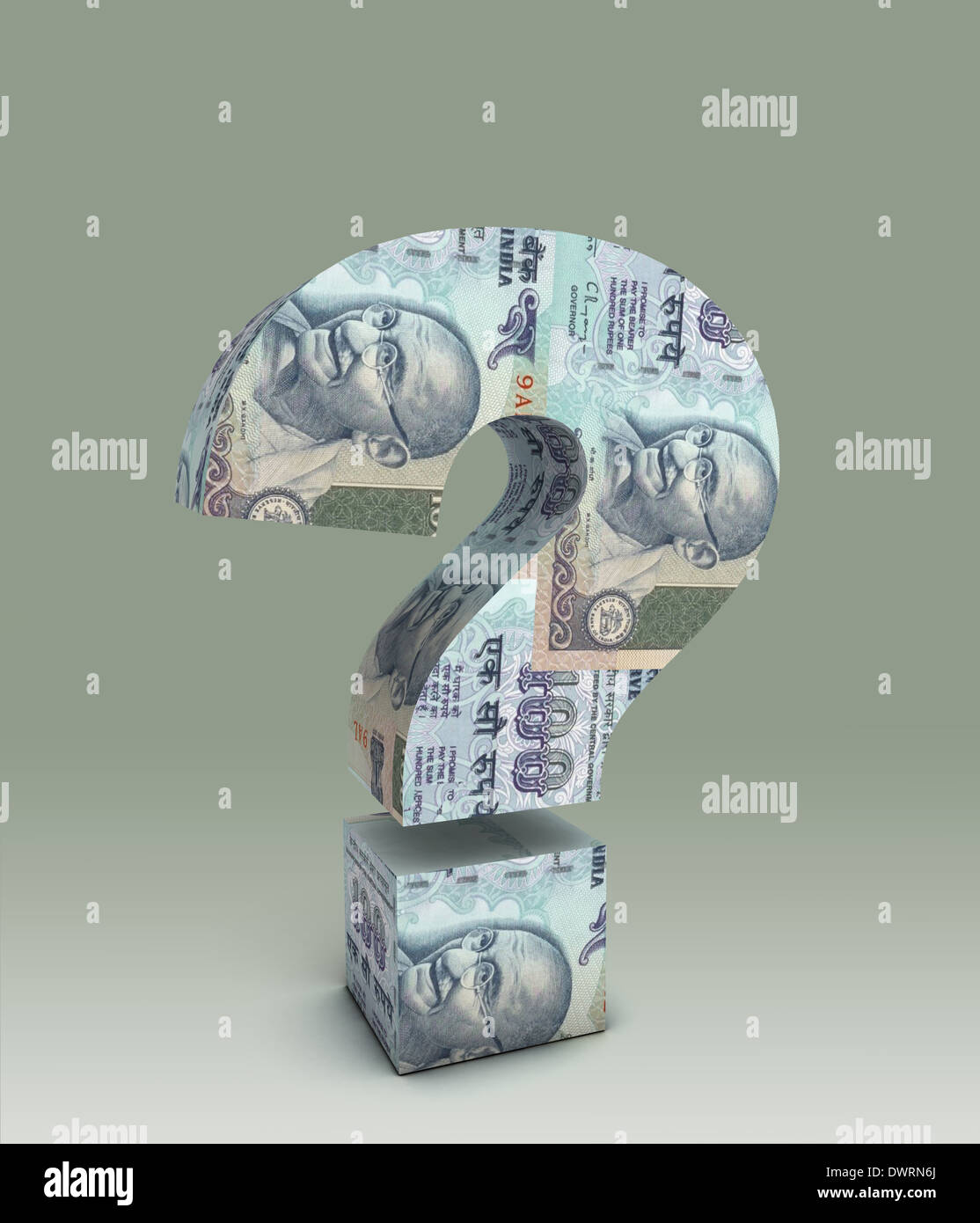Immagine illustrativa del punto di domanda fatta di valuta indiana che rappresenta la confusione Foto Stock