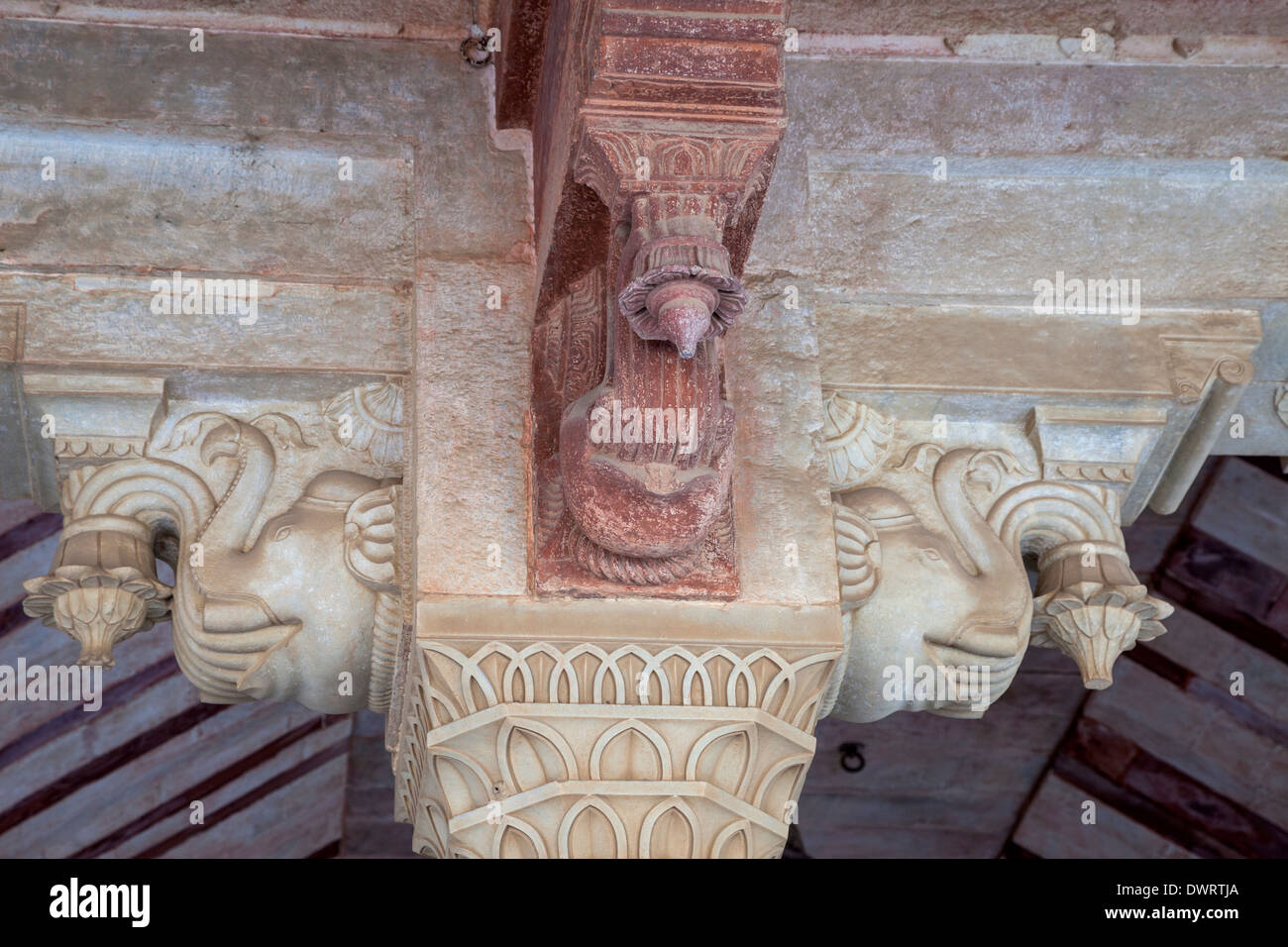 Jaipur, Rajasthan, India. Motivi indù su colonne di Diwan-i-AM, la sala del pubblico--Elephant tenendo un fiore di loto. Foto Stock