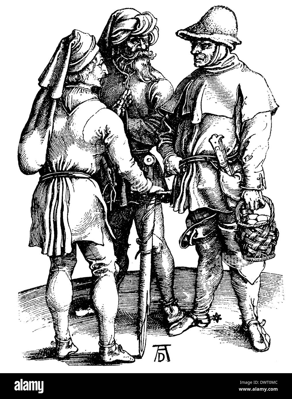 Deutsche Bauern im 16. Jahrhundert. Nach einem Kupferstich von Albrecht Dürer Foto Stock