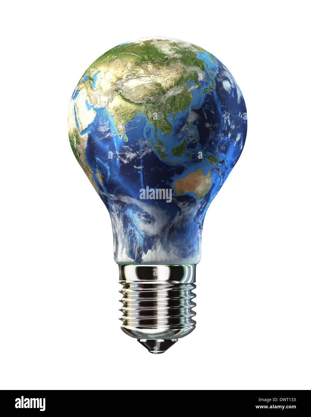 Lampadina con il pianeta Terra in luogo di vetro. Asia vista. Su sfondo bianco. Percorso di clipping incluso. Foto Stock