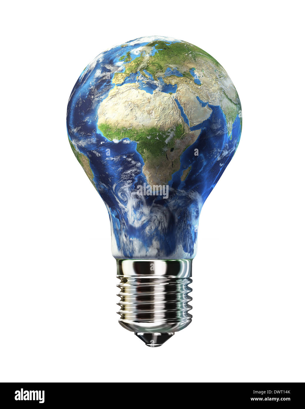Lampadina con il pianeta Terra in luogo di vetro. Africa e Europa vista. Su sfondo bianco. Percorso di clipping incluso. Foto Stock