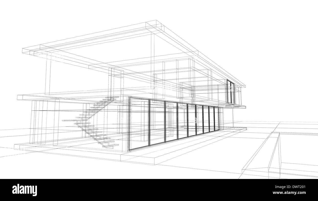 Piano architetturale il rendering di una casa privata in layout wireframe Foto Stock
