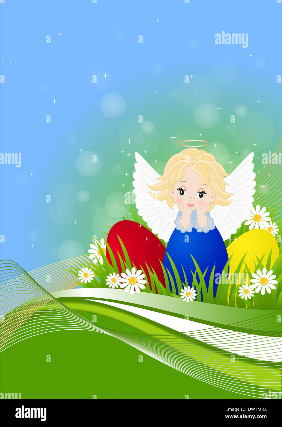 Biglietto di auguri per la Pasqua con little angel e dipinto di uova Foto Stock