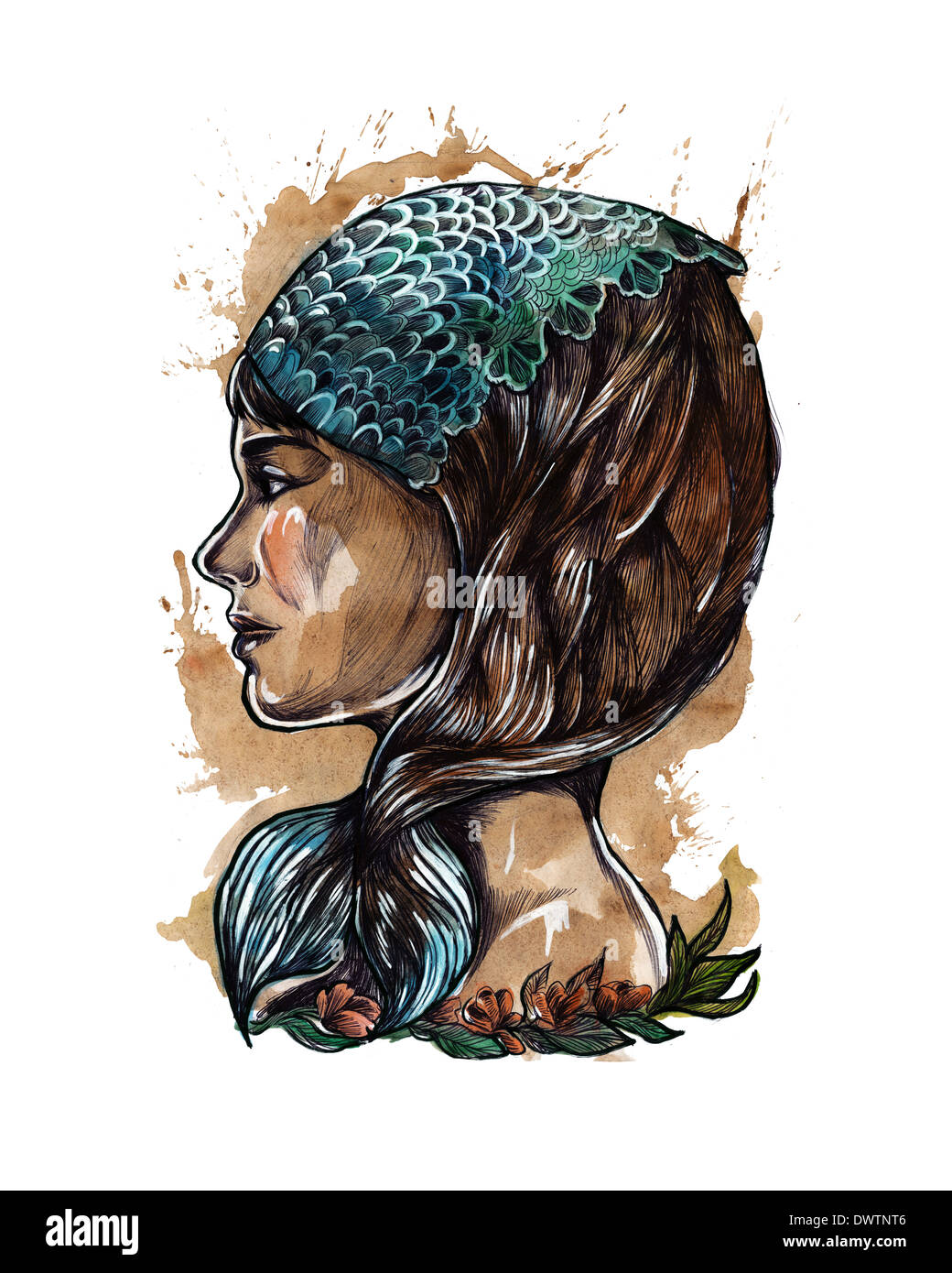 Illustrazione dei pesci donna segno zodiacale su sfondo bianco Foto Stock