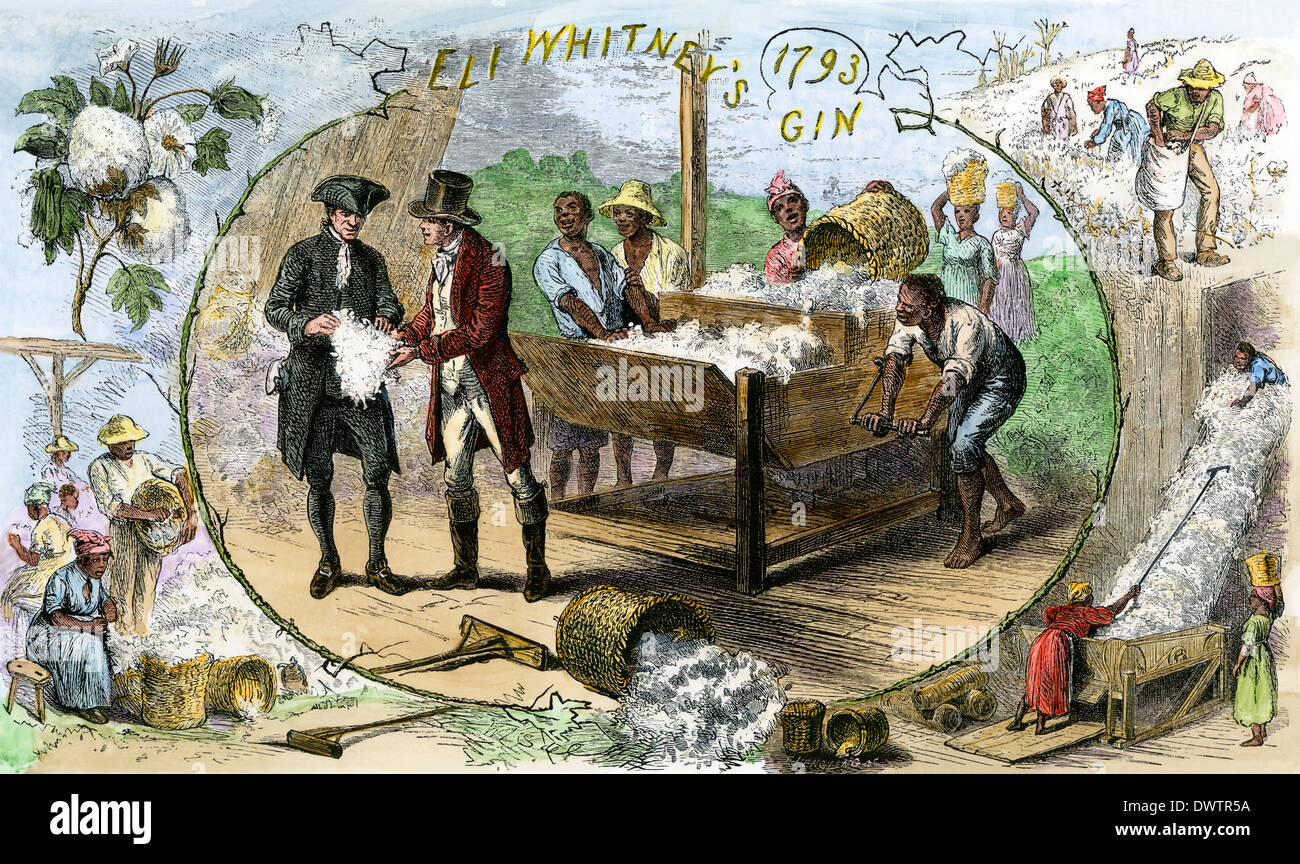 Slave utilizzando Eli Whitney del gin di cotone su una piantagione del Sud, 1793. Colorate a mano la xilografia Foto Stock