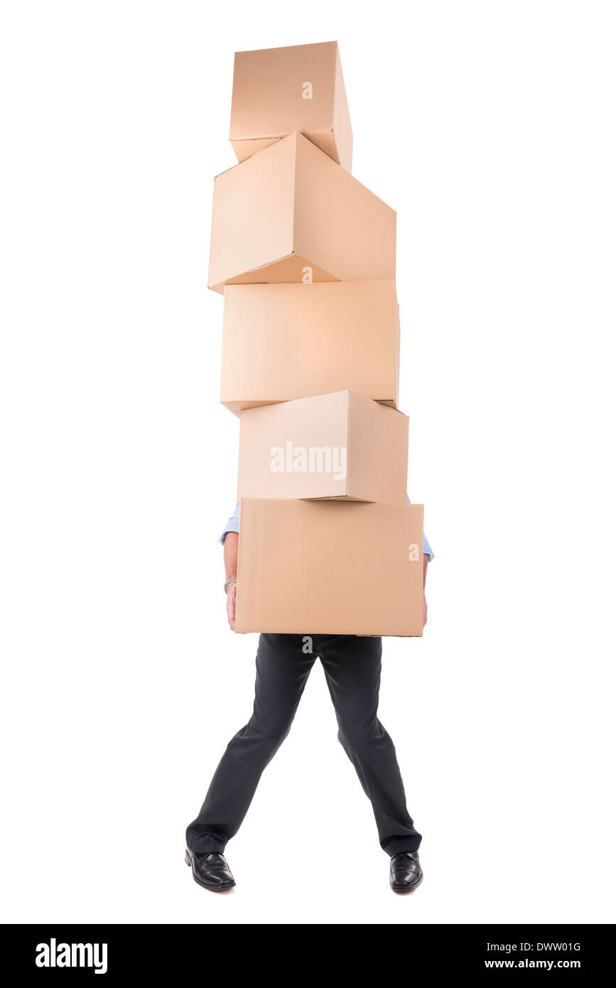 Imprenditore che porta una pila di scatole di cartone Foto Stock