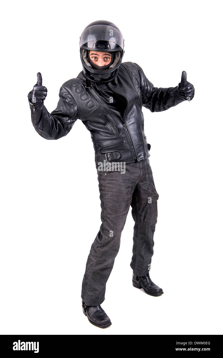 Biker in giacca di pelle con casco isolato in bianco Foto Stock Biker in giacca di pelle con casco isolato in bianco Foto Stock
