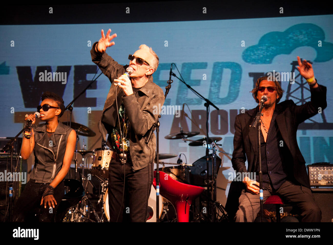 Londra, Regno Unito. Il 12 marzo 2014. Alabama 3 sul palco. Un evento fatturati come 'Abbiamo bisogno di parlare di Fracking si è tenuto presso la sede Rollerdisco a Londra per aumentare la consapevolezza circa il fracking. Fracking è altamente controversa procedimento di estrazione di gas in sotterraneo. La line-up incluso Alabama 3 e Asian Dub Foundation e dj Gavin Turk e Mark Stewart e Pandit G. Credito: Kristian Buus/Alamy Live News Foto Stock