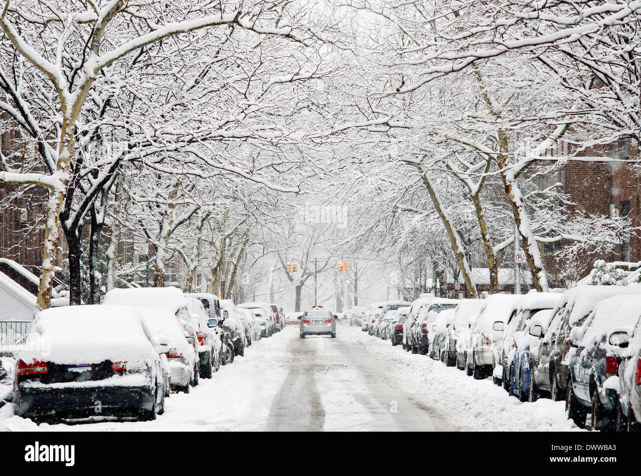 Tempesta di neve New York City Street inverno Foto Stock