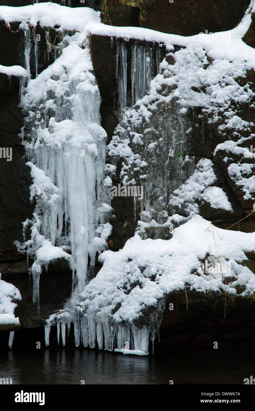Una cascata ghiacciata su Blow Gill, vicino Tollerton nel North York Moors National Park. Gennaio. Foto Stock