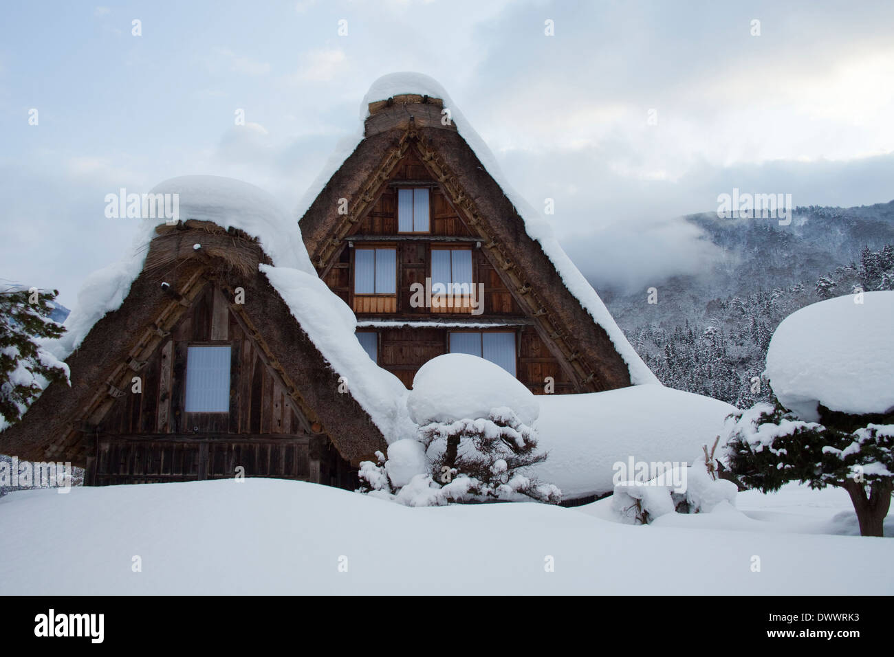 Vecchie case nel villaggio di Shirakawa in inverno, Prefettura di Gifu, Giappone Foto Stock Vecchie case nel villaggio di Shirakawa in inverno, Prefettura di Gifu, Giappone Foto Stock