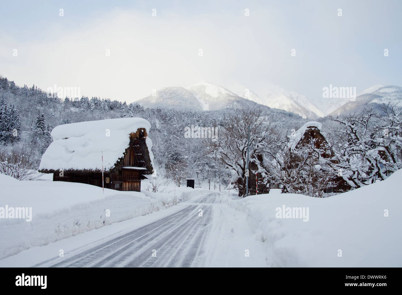 Vecchie case nel villaggio di Shirakawa in inverno, Prefettura di Gifu, Giappone Foto Stock Vecchie case nel villaggio di Shirakawa in inverno, Prefettura di Gifu, Giappone Foto Stock