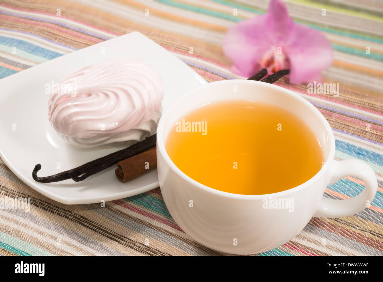 Tazza di tè e rosa marshmallow su un piattino con cannella e il baccello di vaniglia Foto Stock