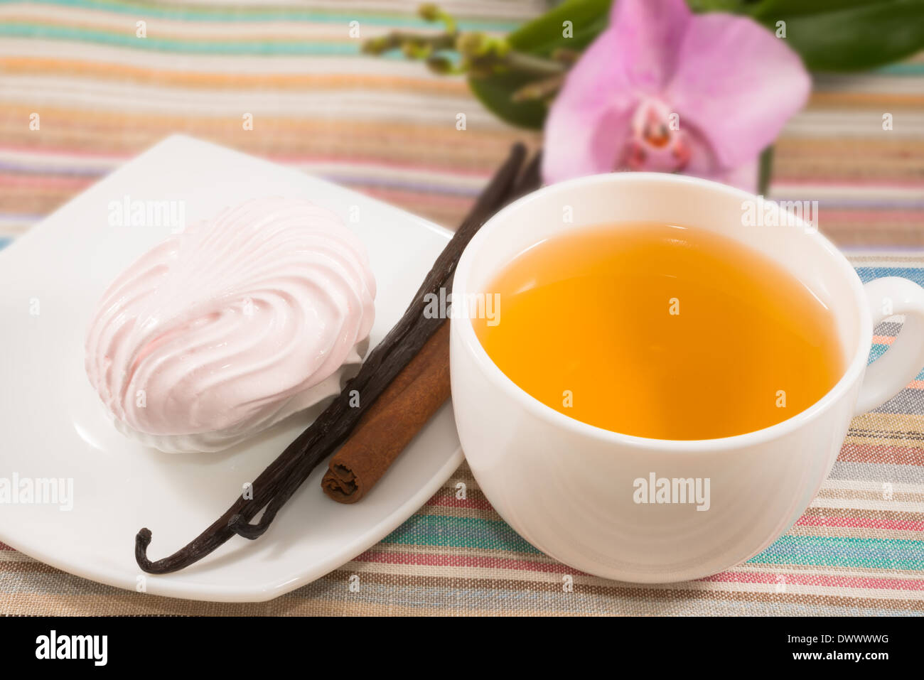 Tazza di tè con marshmallow, la cannella e il baccello di vaniglia su un piattino Foto Stock