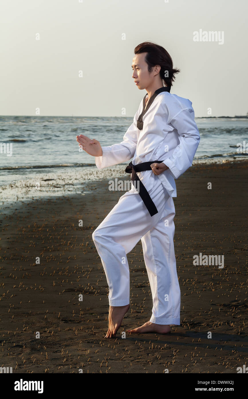 Taekwondo uomo praticare sulla spiaggia Foto Stock