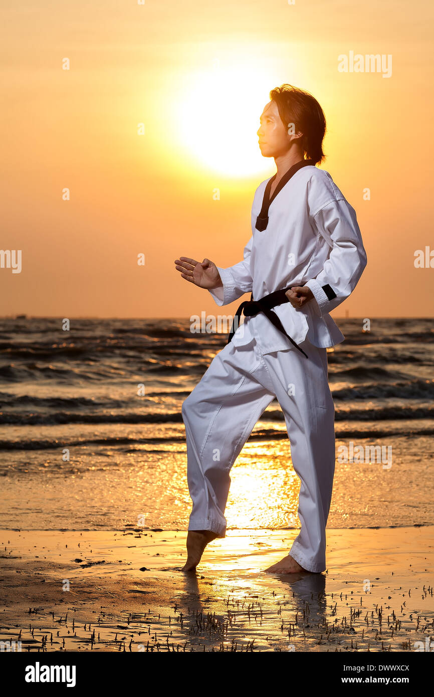 Arti marziali uomo formazione taekwondo al tramonto Foto Stock