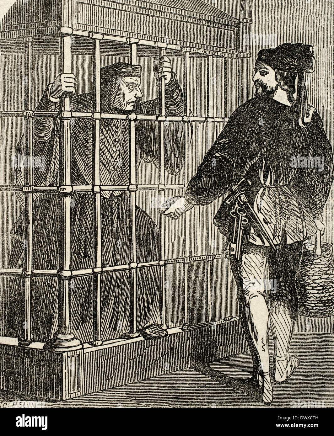 Jean Balue (1421-1491). Il cardinale francese e ministro di Louis XI. Balue prigioniero nel castello di Loches. Incisione. Foto Stock