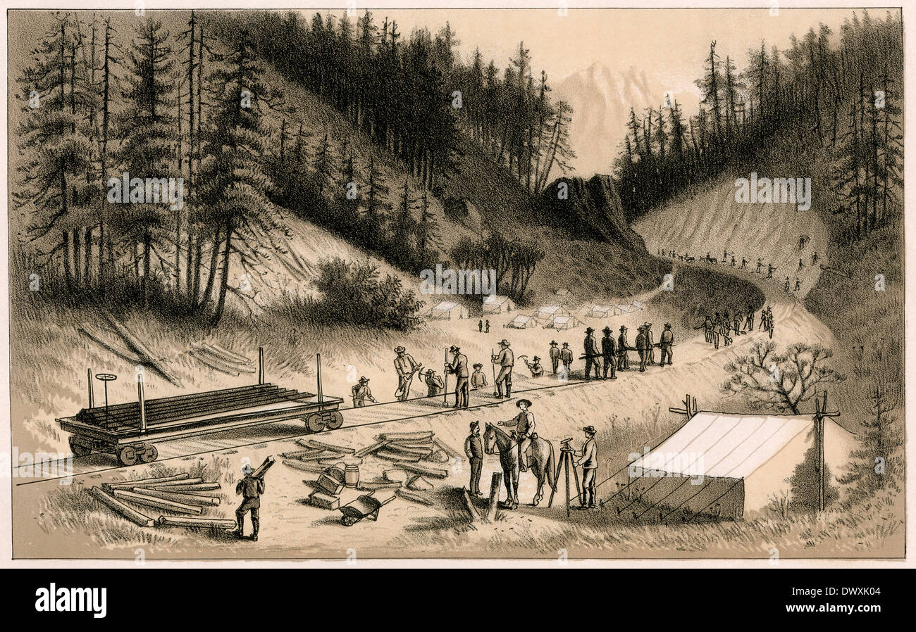 Costruzione del Pacifico settentrionale ferroviaria a Puget Sound, nello Stato di Washington, 1800s. Incisione Foto Stock