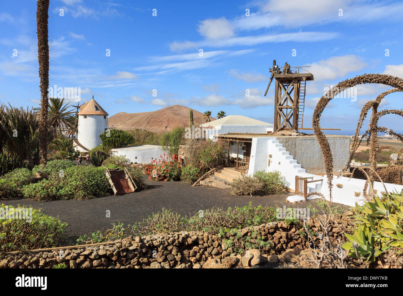 Mulino di animale e il mulino a vento in Museo Agricola El Patio museo agricolo su una fattoria del XIX secolo. Tiagua Lanzarote isole Canarie Foto Stock