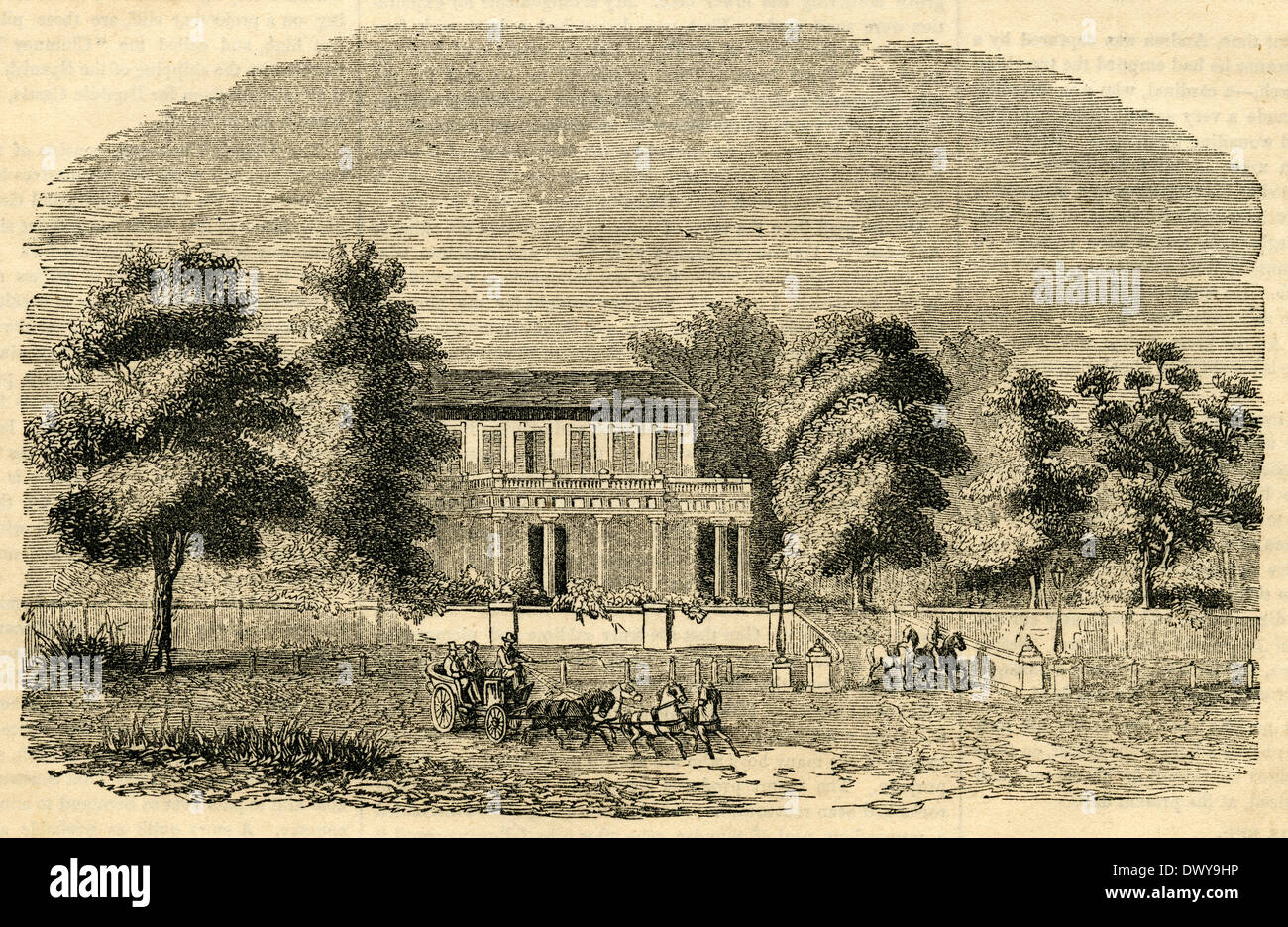 Incisione del 1854, Casa della olandese residente a Sourabaya in Java, Indonesia. Foto Stock