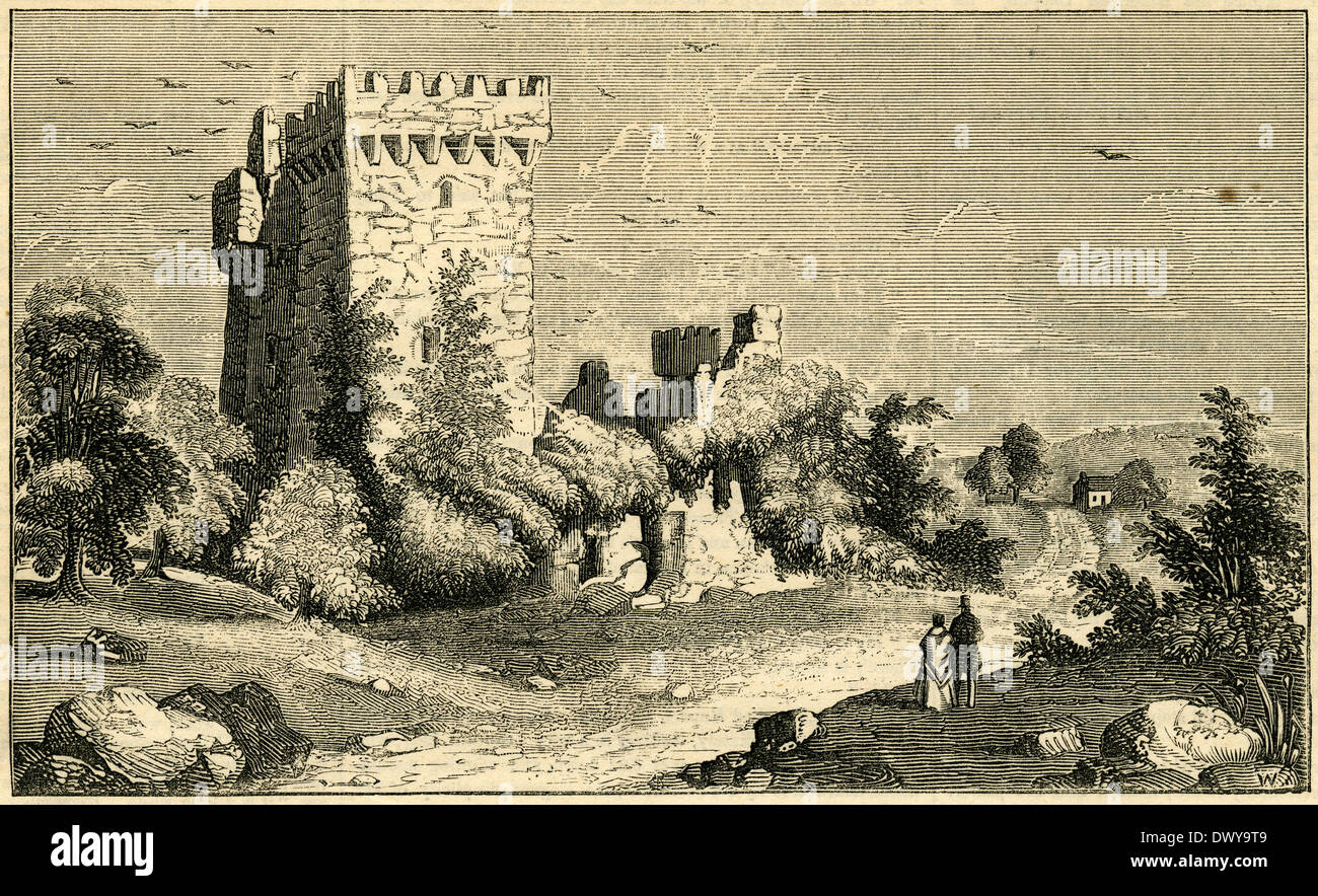 Incisione del 1854, le rovine del castello principale tenere e la torre del Castello di Blarney vicino a Cork, Irlanda. Foto Stock