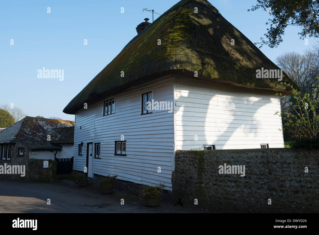 Un weatherboard e cottage con il tetto di paglia nel villaggio di Rodmell, East Sussex, Regno Unito Foto Stock
