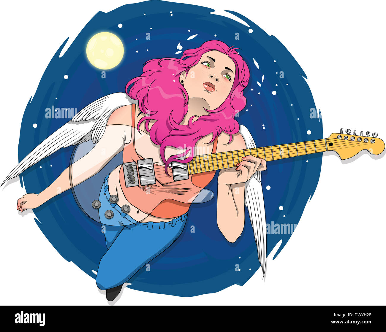Immagine illustrativa di rockstar femmina con la chitarra che vola in cielo che rappresentano il desiderio Foto Stock