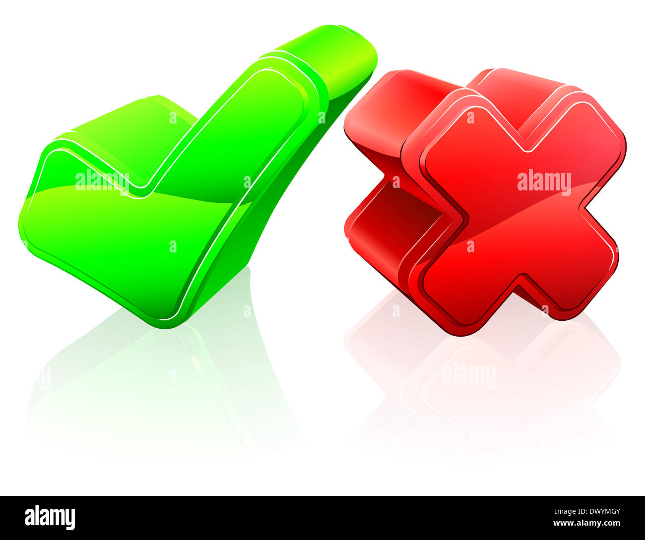 Tick e cross concept 3d della Croce rossa e verde spuntare le icone Foto Stock