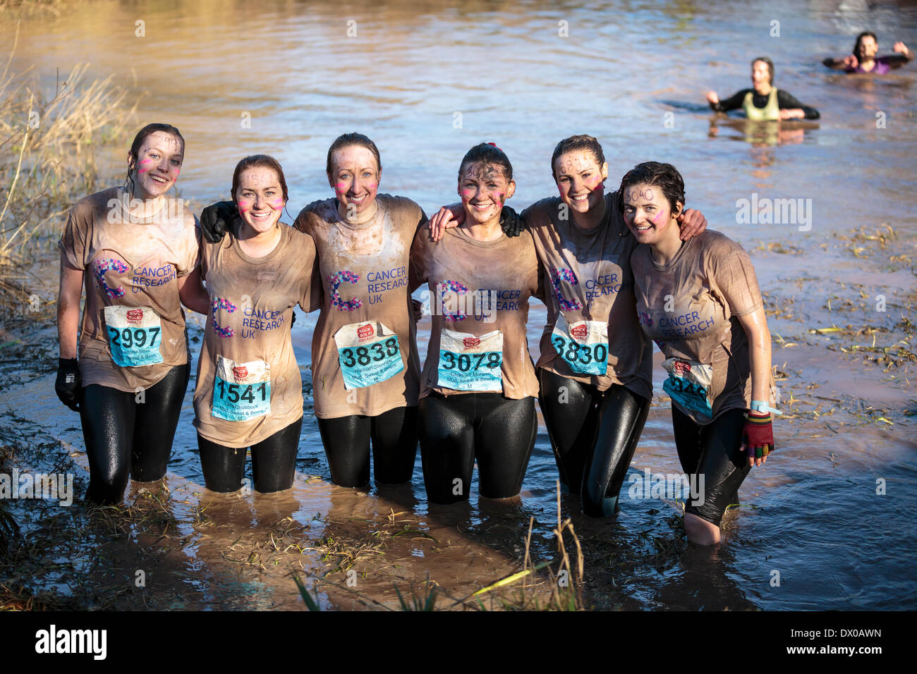 Una squadra di donne posano per una fotografia in tra guadare attraverso acqua fangosa su un percorso ad ostacoli a Terme ESCOT Park vicino a Exeter Devon il 15 marzo 2014. Il team sono stati la raccolta di fondi per la ricerca sul cancro UK. Oltre 3.500 operatori iscritti alla manifestazione che promuove la fitness e spirito di squadra. Foto Stock