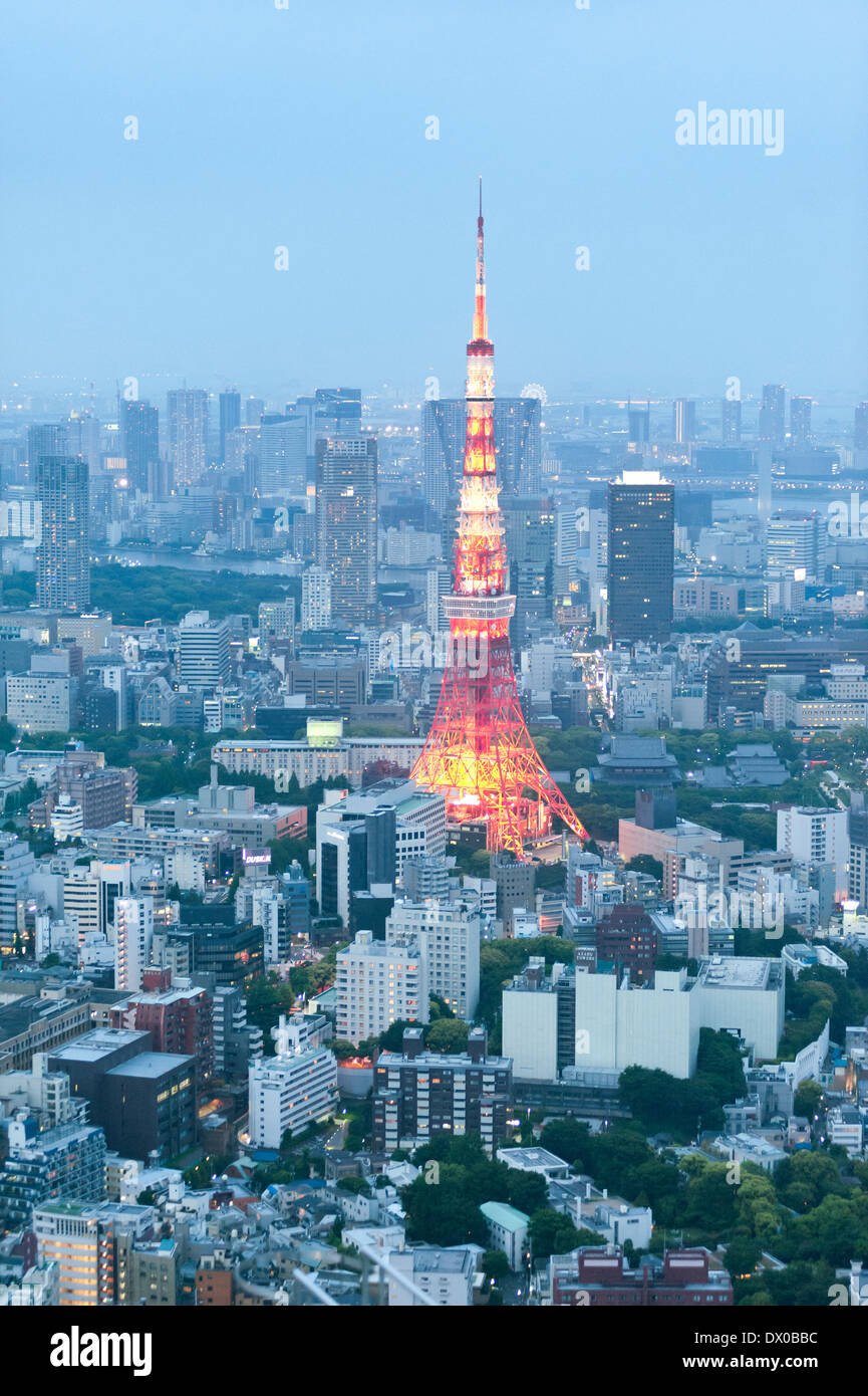 Vista dello skyline di Tokyo e della Torre della Televisione di notte in Giappone Foto Stock