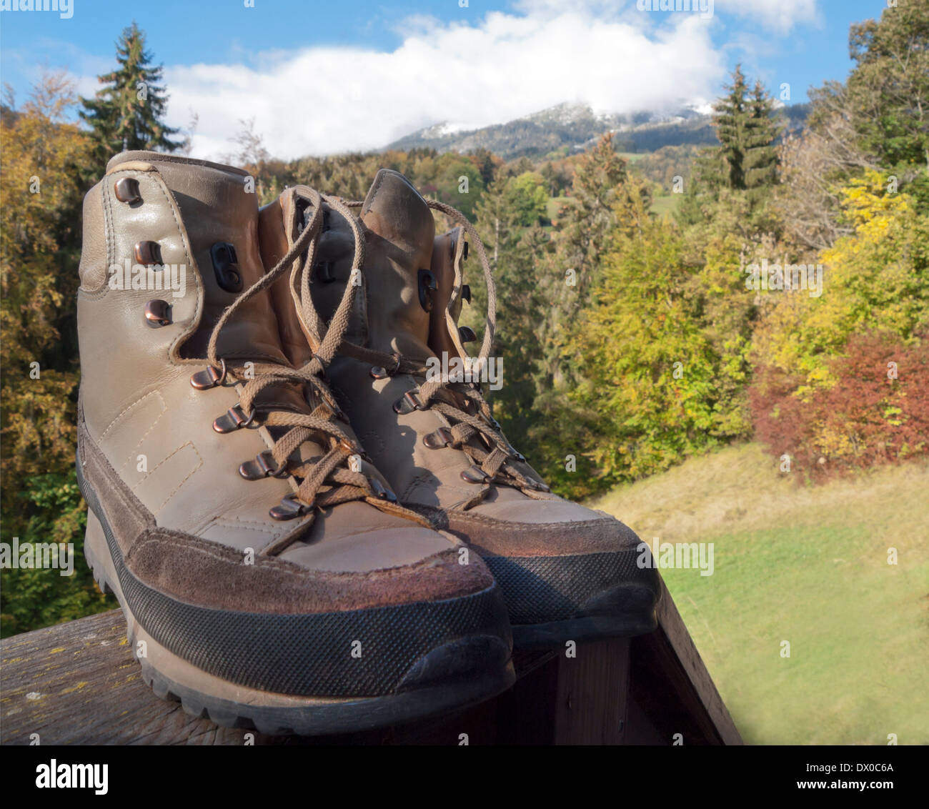 Scarpe da trekking nella parte anteriore del paesaggio alpino e montano Foto Stock