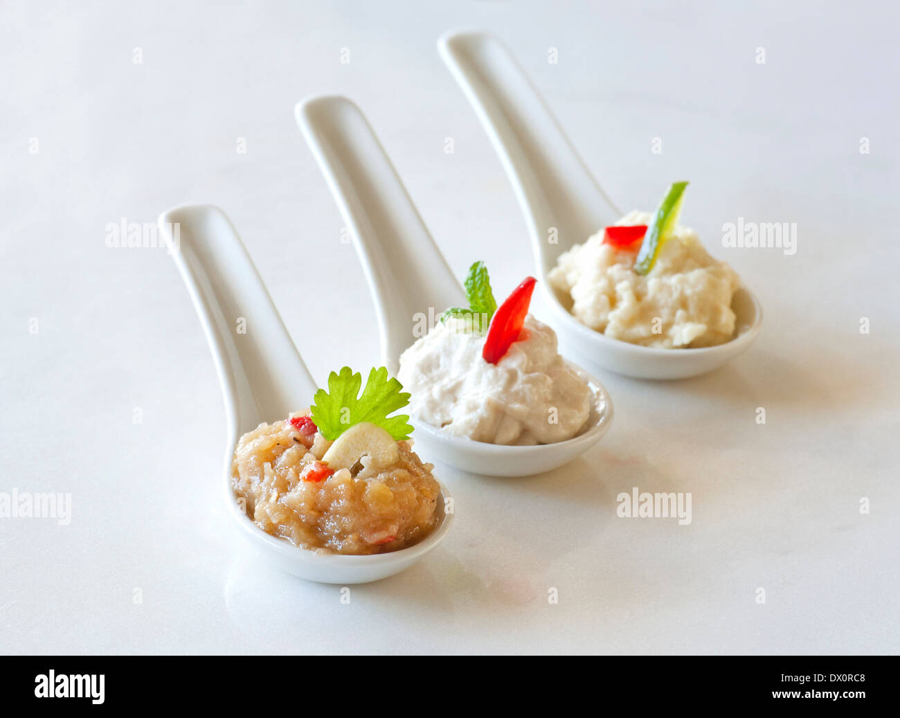 Assortimento di salse servito in porcellana palette come un finger food(l'aglio dip, melanzana dip, il formaggio feta dip) Foto Stock