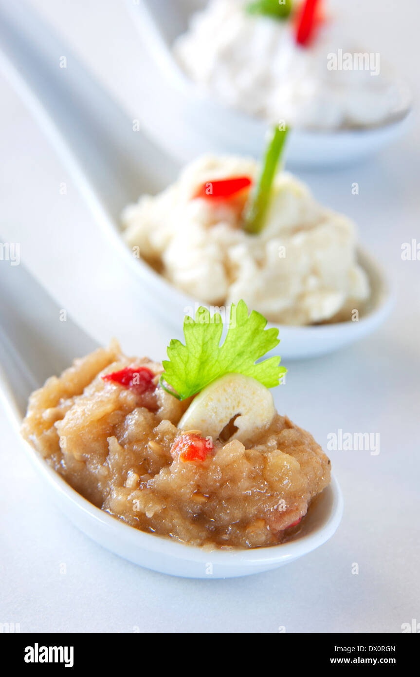 Assortimento di salse servito in porcellana palette come un finger food(l'aglio dip, melanzana dip, il formaggio feta dip) Foto Stock
