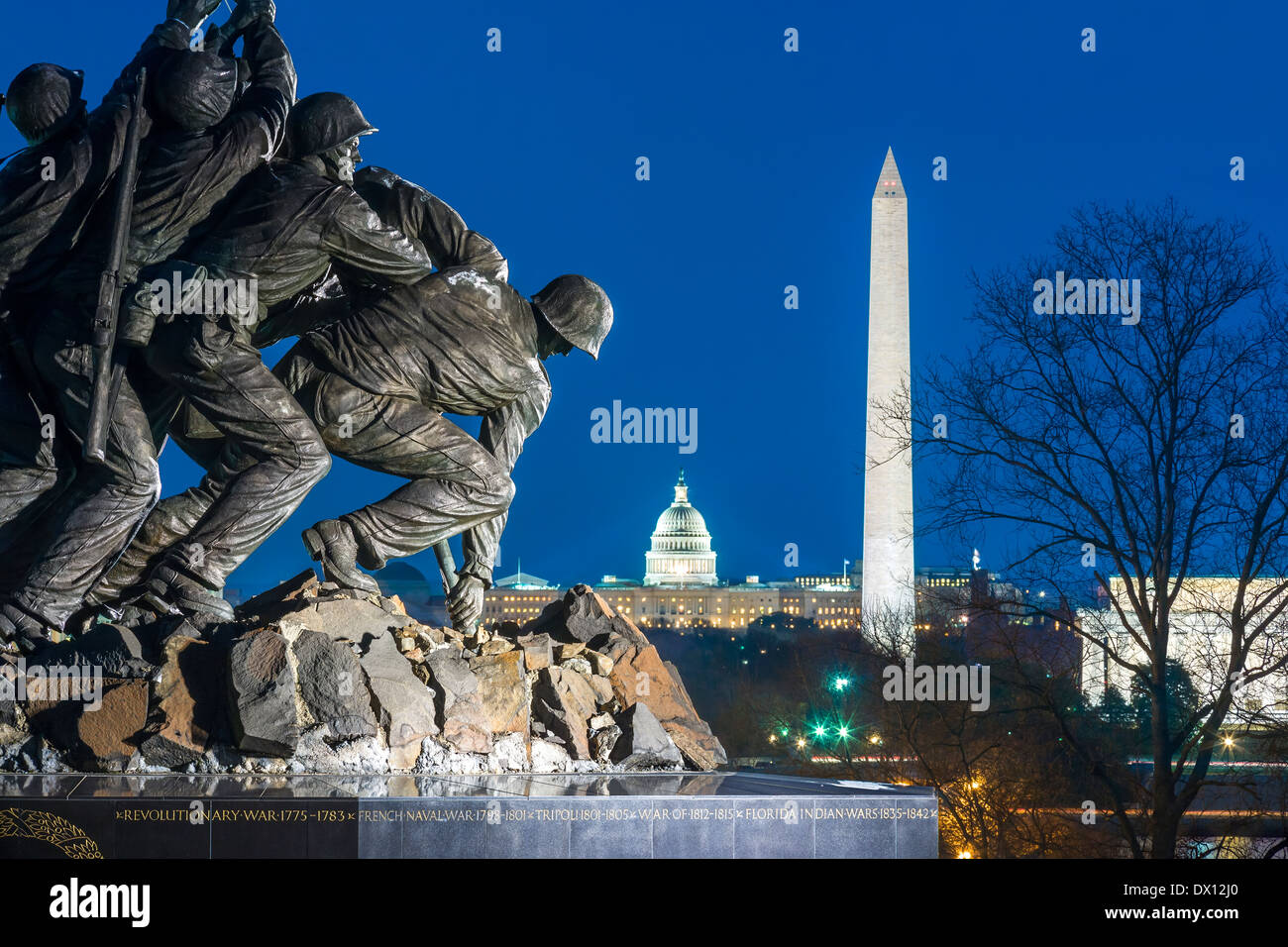 Arlington US Marine Corps War Memorial orizzonte cittadino di Washington DC, il Monumento a Washington US Capitol Building memoriale de Lincoln Mall Foto Stock