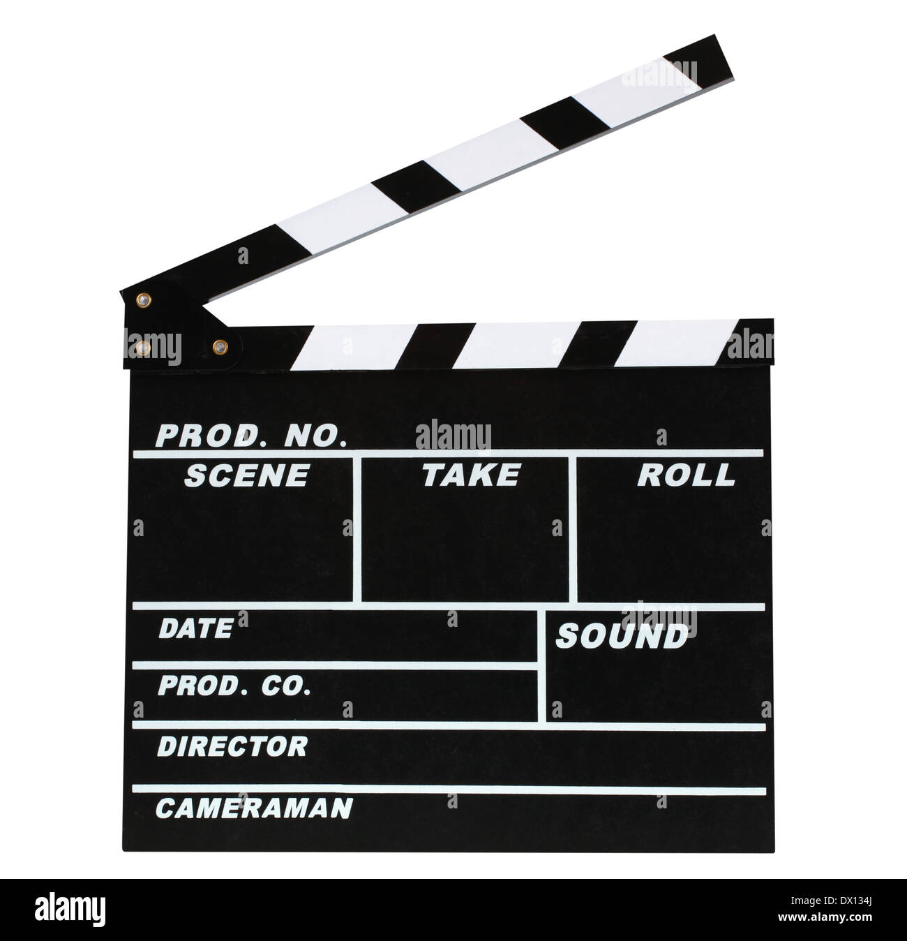 Vuoto la produzione cinematografica battaglio scheda su sfondo bianco Foto Stock