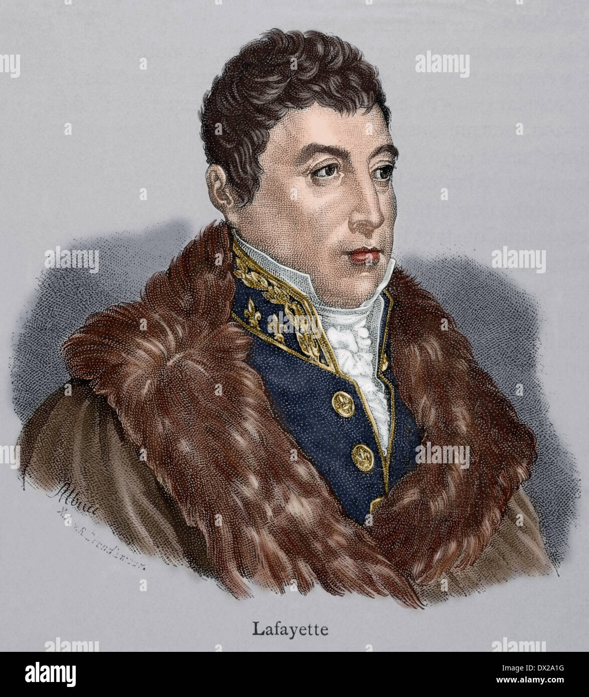 Il marchese di La Fayette (1757-1834). Il francese militare e politico. Incisione. Storia della Francia, 1883. Colorati. Foto Stock