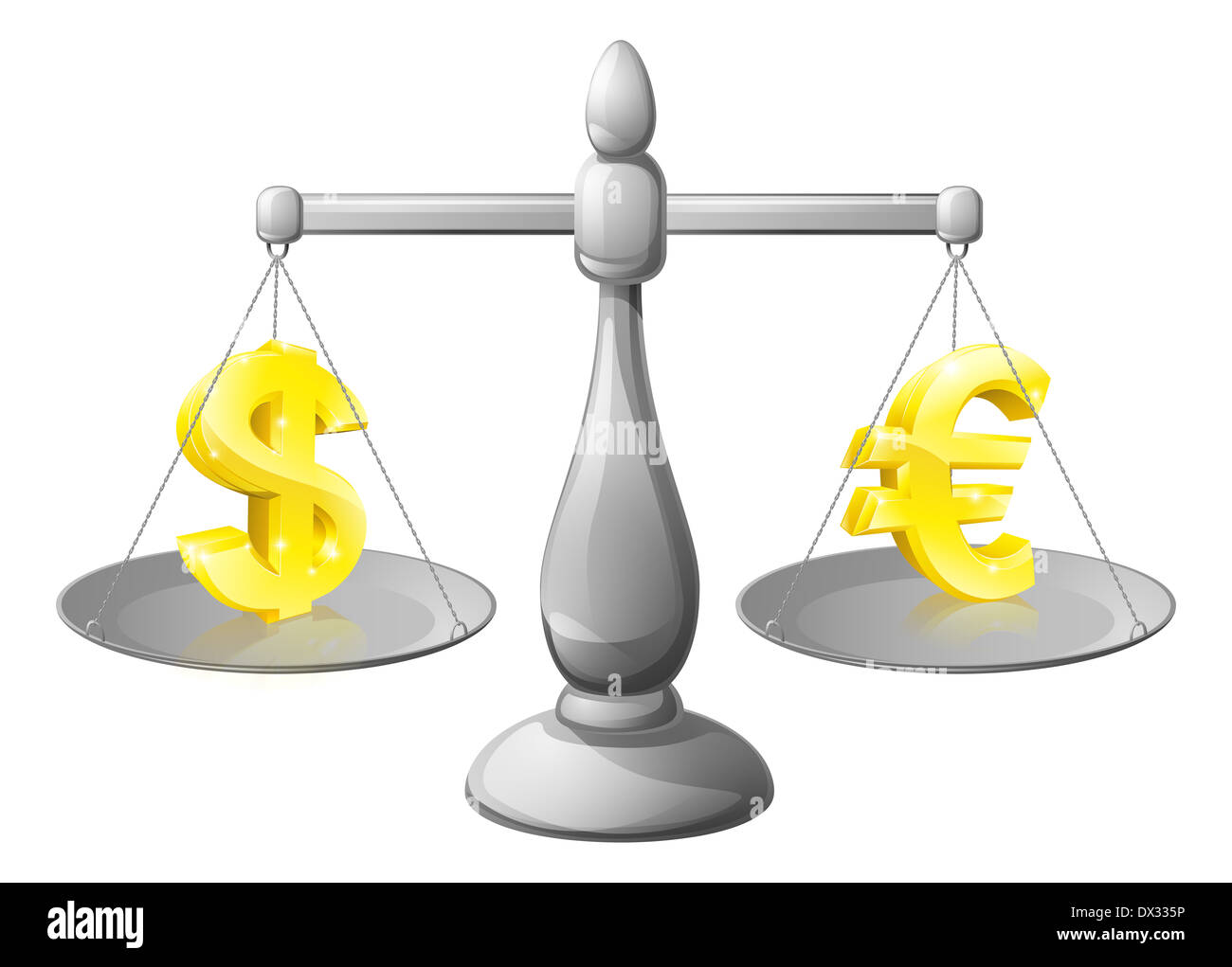 Ridimensiona il concetto di valuta, foreign exchange forex concetto, Dollaro ed Euro indicazioni su scale pesato contro ogni altro Foto Stock