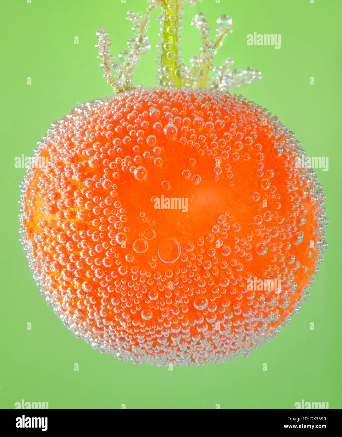 Un fresco pomodoro organica immerso in acqua minerale su sfondo verde Foto Stock